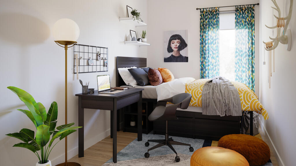 an off-campus student bedroom setup by smarter furnishings, a contract furniture manufacturer and procurement firm