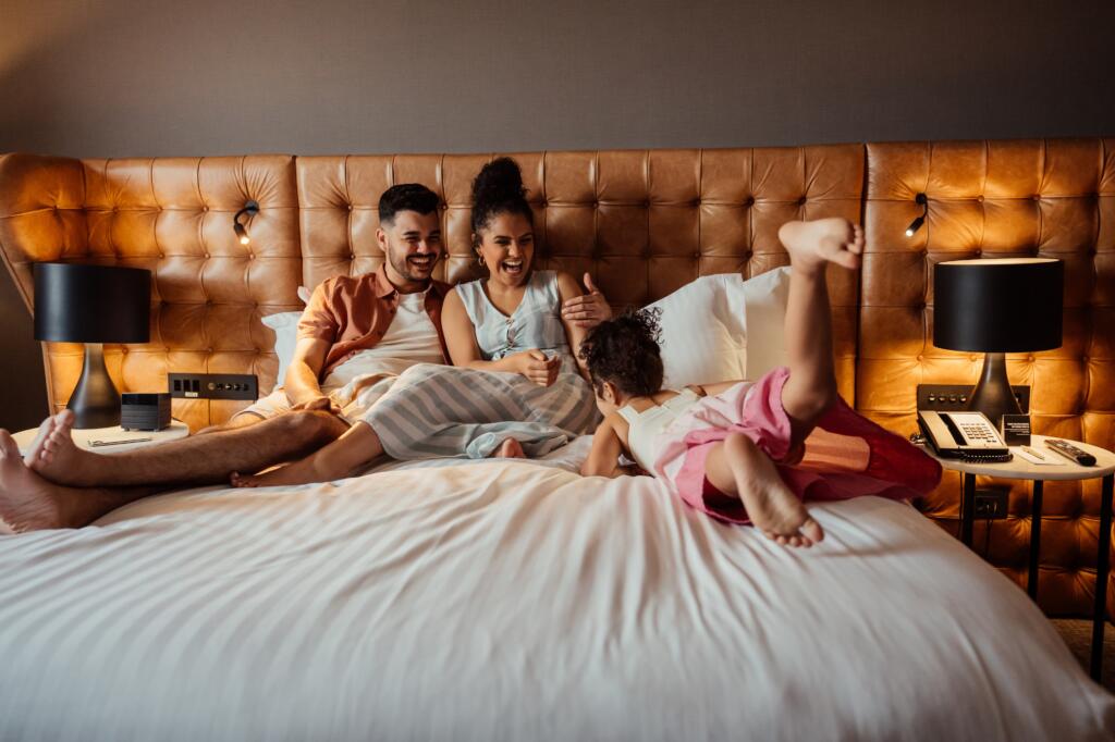 luxury custom contract furniture hotel bed, night stands, and side tables
